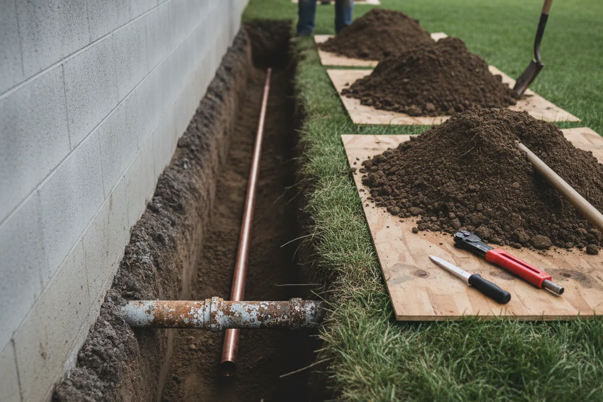 Excavated water line trench during Sewer Line Repair in Makanda
